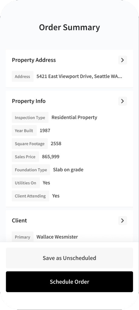Populated order summary with property, client, and scheduling details in collapsed rows.