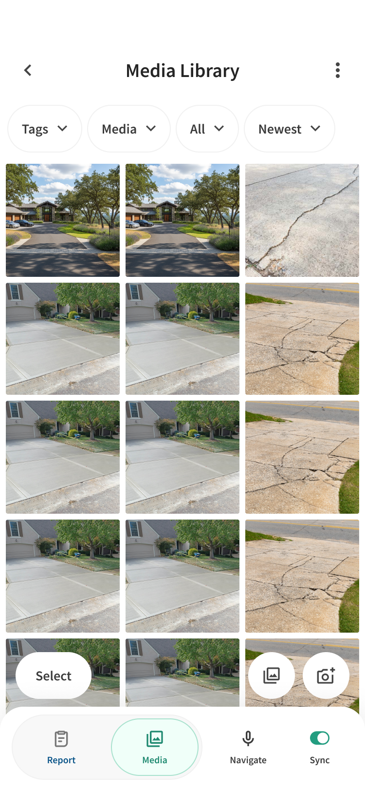 Palmtech media library grid with inspection photos and tag filters.