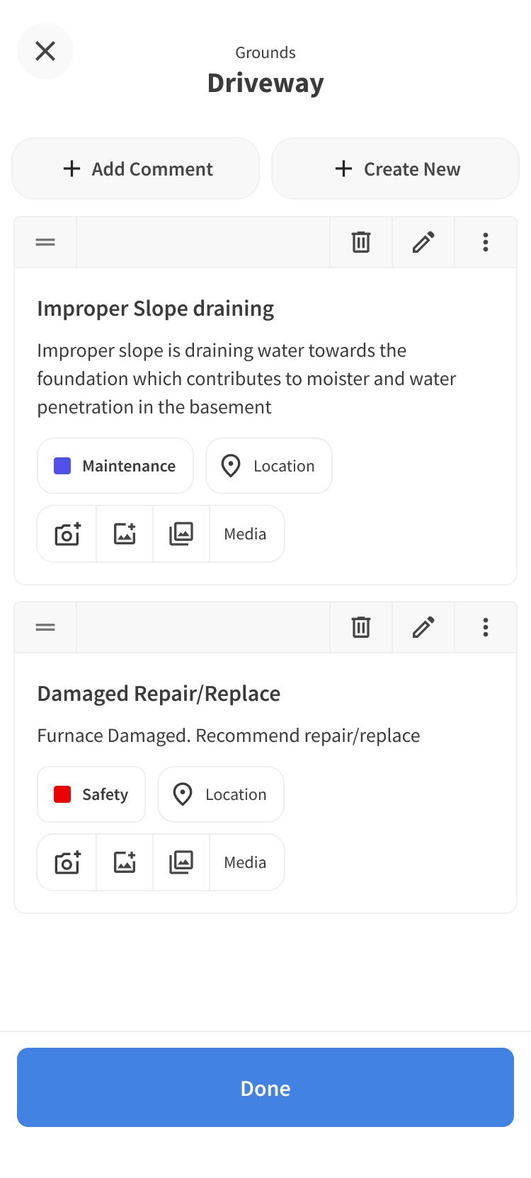 Palmtech report comments for driveway findings with maintenance and safety tags.