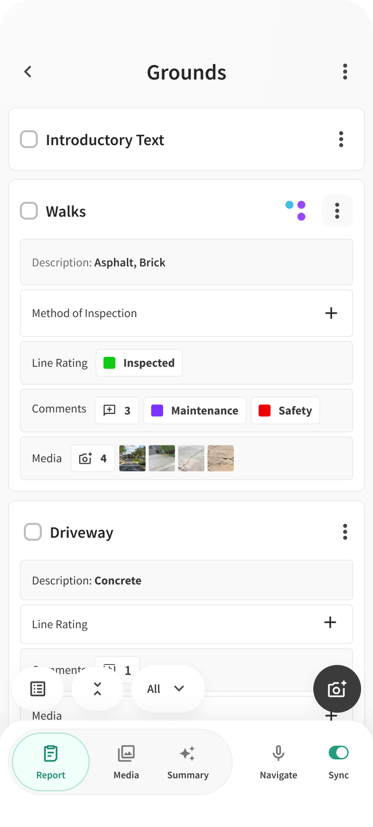 Palmtech grounds inspection checklist with ratings, comments, and media.